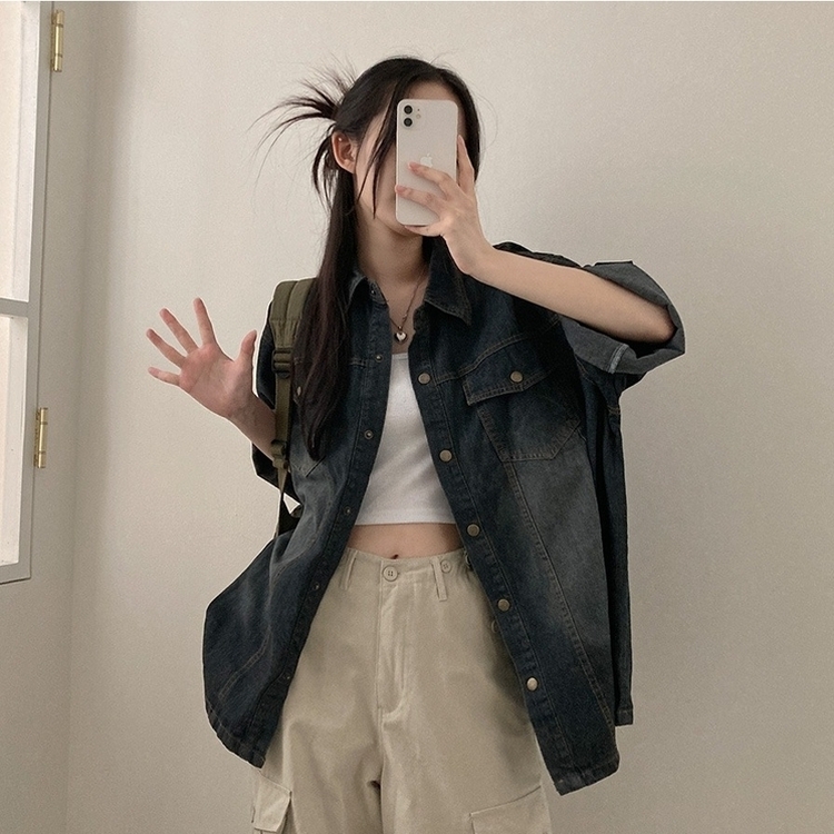 쿠버 빈티지 워싱 데님 포켓 오버핏 반팔 자켓 차콜