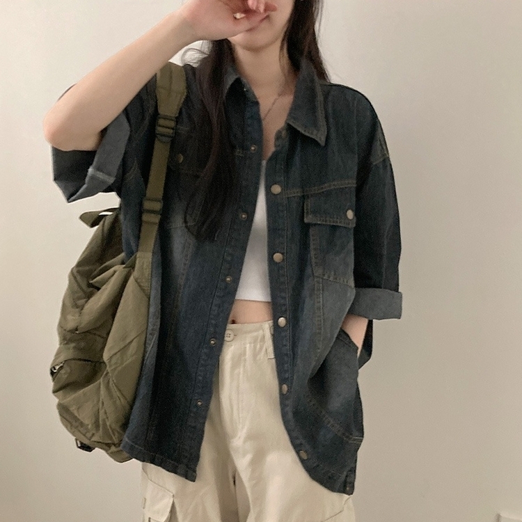 쿠버 빈티지 워싱 데님 포켓 오버핏 반팔 자켓 차콜