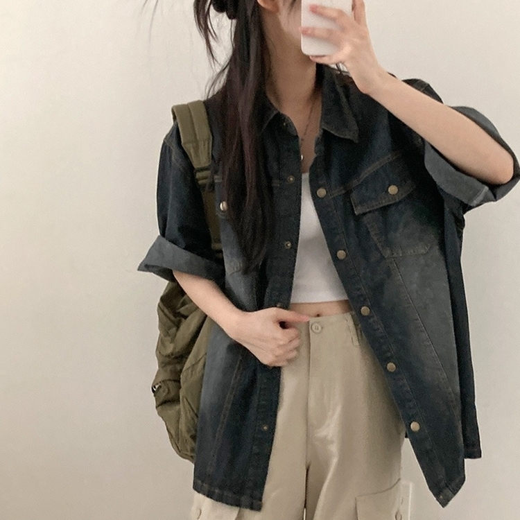 쿠버 빈티지 워싱 데님 포켓 오버핏 반팔 자켓 차콜