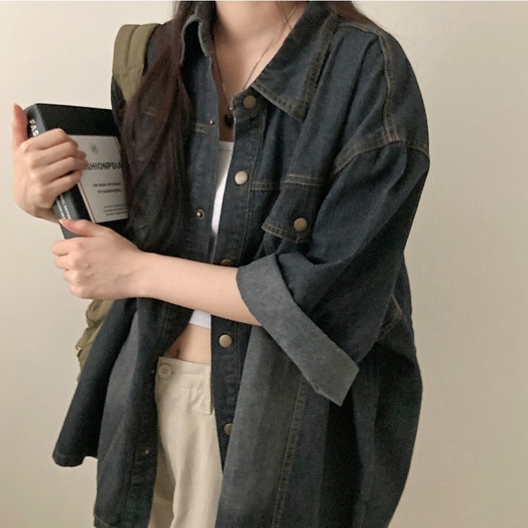 쿠버 빈티지 워싱 데님 포켓 오버핏 반팔 자켓 차콜