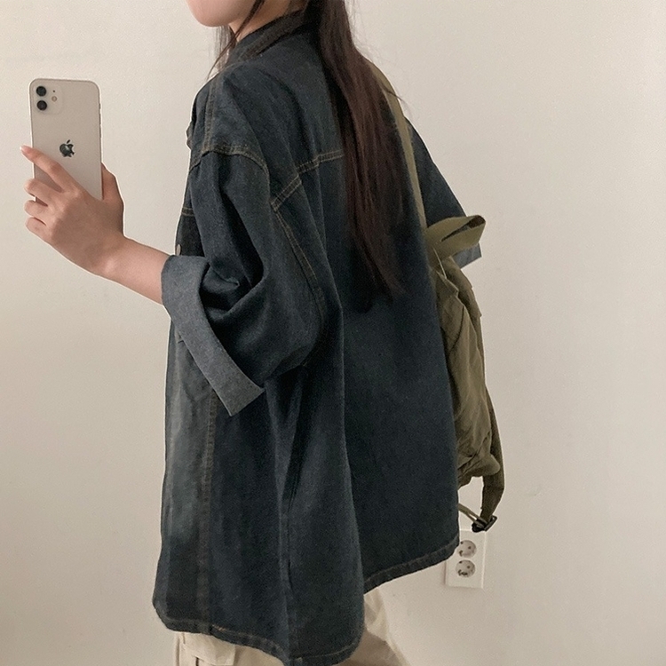 쿠버 빈티지 워싱 데님 포켓 오버핏 반팔 자켓 차콜