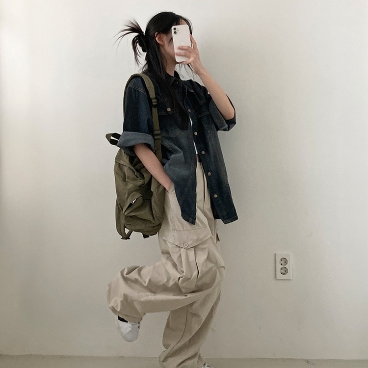 쿠버 빈티지 워싱 데님 포켓 오버핏 반팔 자켓 차콜