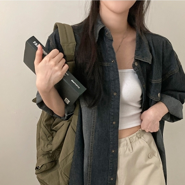 쿠버 빈티지 워싱 데님 포켓 오버핏 반팔 자켓 차콜