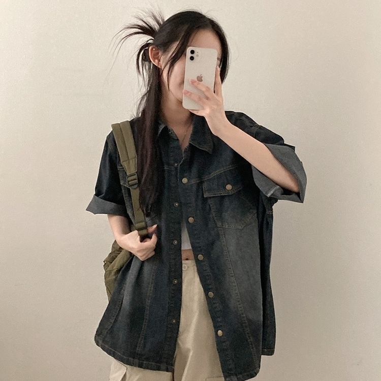 쿠버 빈티지 워싱 데님 포켓 오버핏 반팔 자켓 차콜