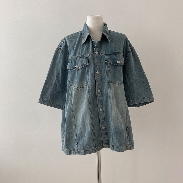 쿠버 빈티지 워싱 데님 포켓 오버핏 반팔 자켓