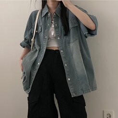 쿠버 빈티지 워싱 데님 포켓 오버핏 반팔 자켓 라이트블루