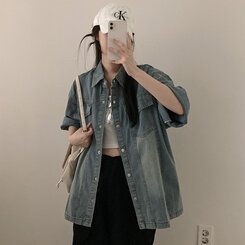 쿠버 빈티지 워싱 데님 포켓 오버핏 반팔 자켓 라이트블루