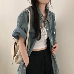 쿠버 빈티지 워싱 데님 포켓 오버핏 반팔 자켓 라이트블루