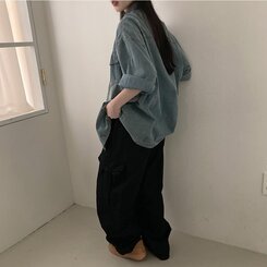 쿠버 빈티지 워싱 데님 포켓 오버핏 반팔 자켓 라이트블루