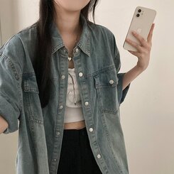 쿠버 빈티지 워싱 데님 포켓 오버핏 반팔 자켓 라이트블루