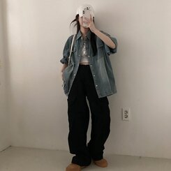 쿠버 빈티지 워싱 데님 포켓 오버핏 반팔 자켓 라이트블루