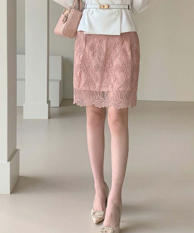 シルクサテンスパンレース刺繍ハイウエストミニスカート｜ミニスカート