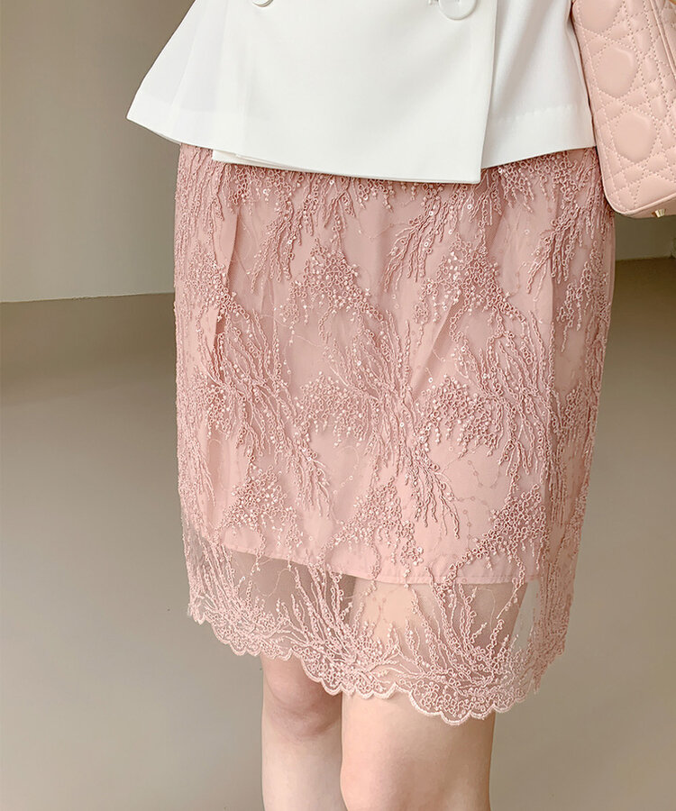 シルクサテンスパンレース刺繍ハイウエストミニスカート｜ミニスカート