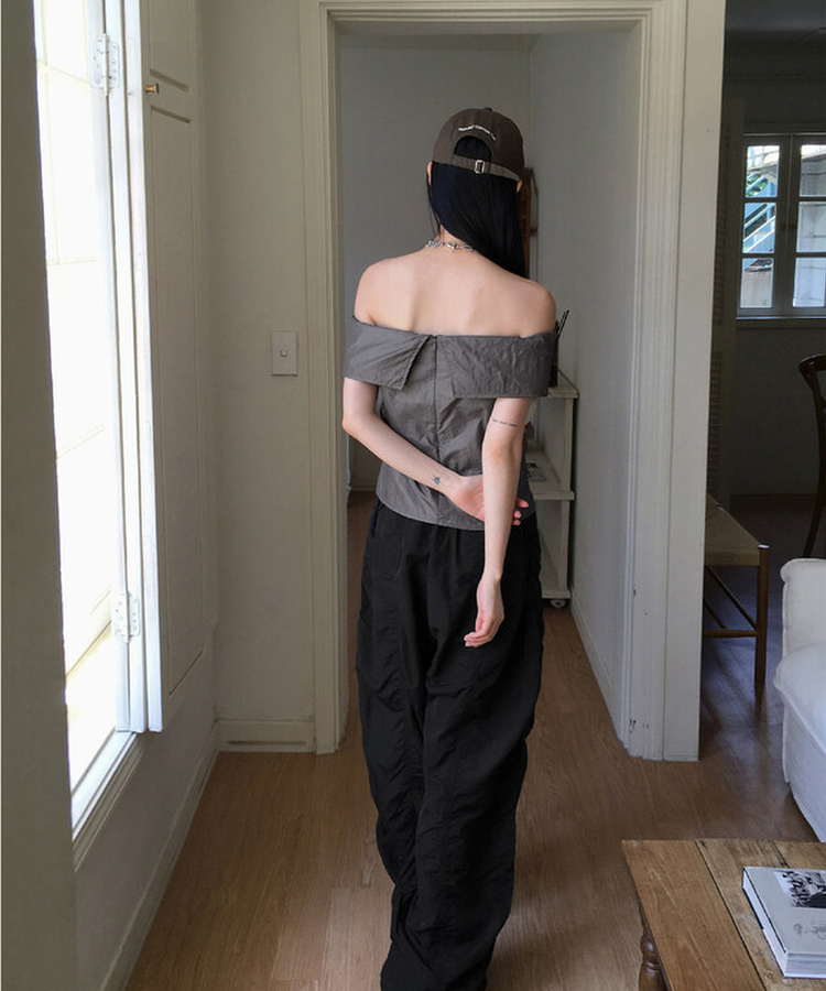 JINSEI 手袋 ナイロンパンツ シャーリングロングワイドナイロンパンツ｜ワイド｜韓国ファッション