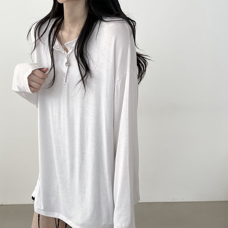 흐르는핏 여리여리 단추 찰랑 긴팔티셔츠 아이보리