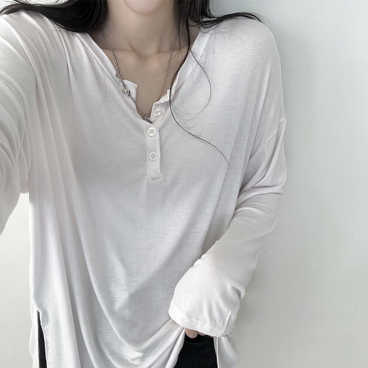 흐르는핏 여리여리 단추 찰랑 긴팔티셔츠 아이보리