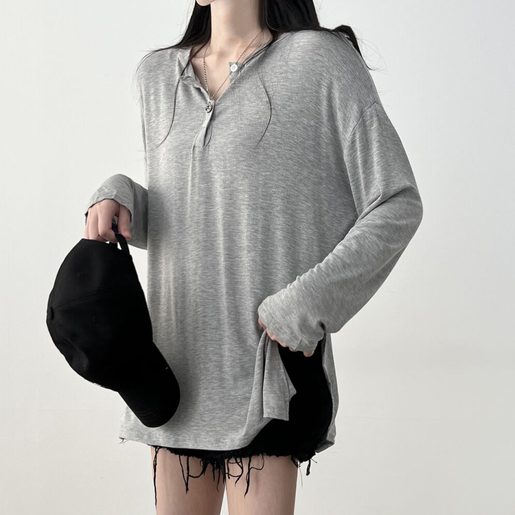 흐르는핏 여리여리 단추 찰랑 긴팔티셔츠 그레이