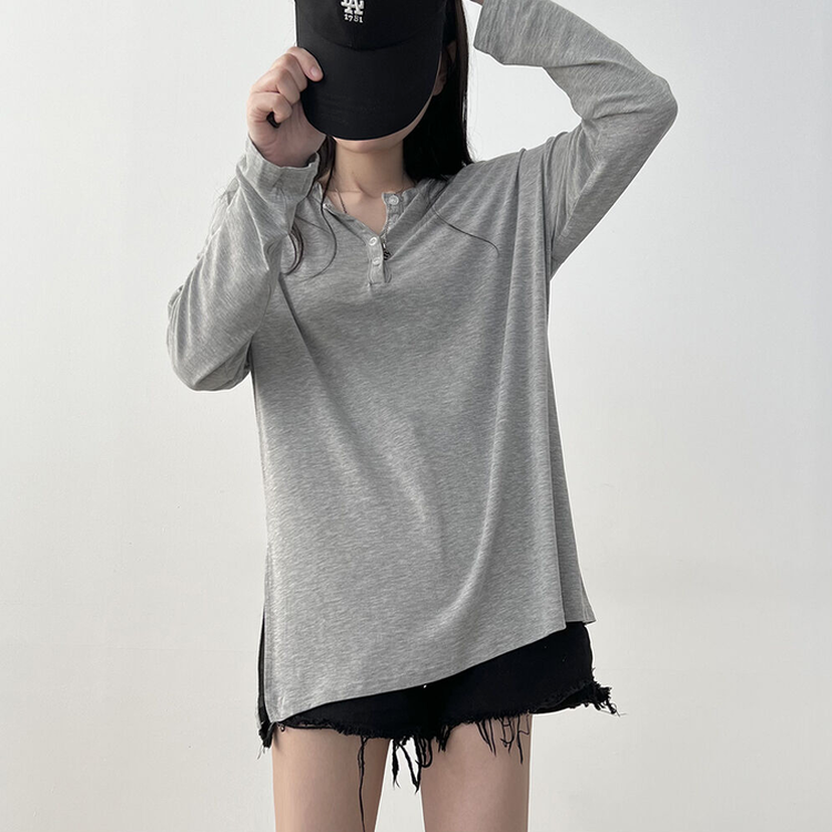 흐르는핏 여리여리 단추 찰랑 긴팔티셔츠 그레이