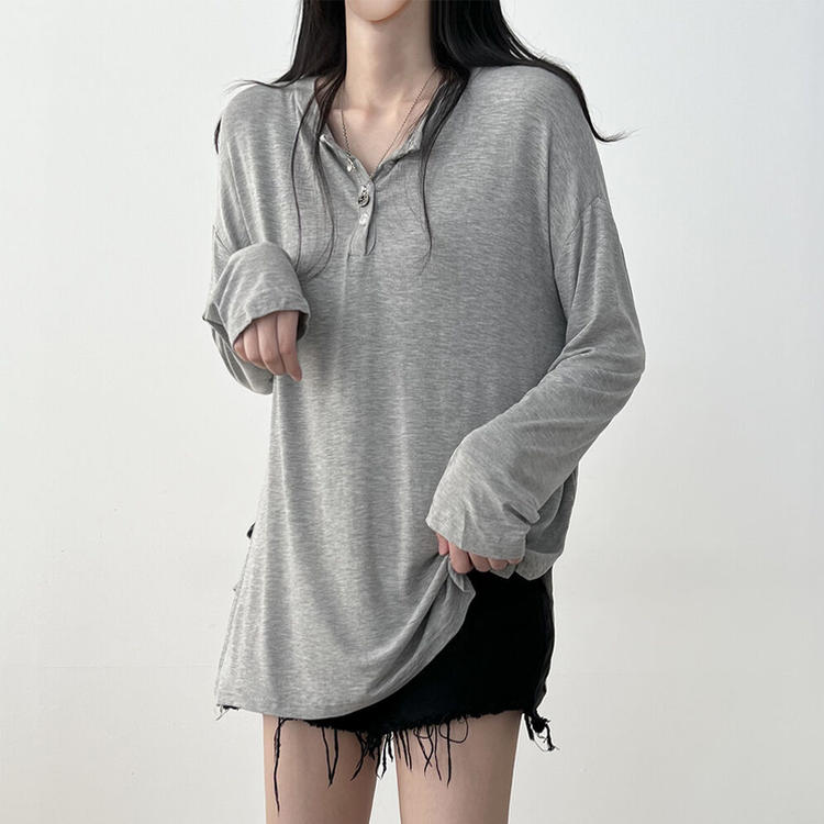 흐르는핏 여리여리 단추 찰랑 긴팔티셔츠 그레이