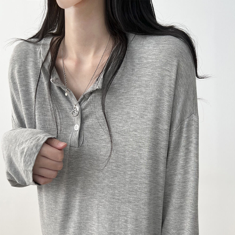 흐르는핏 여리여리 단추 찰랑 긴팔티셔츠 그레이