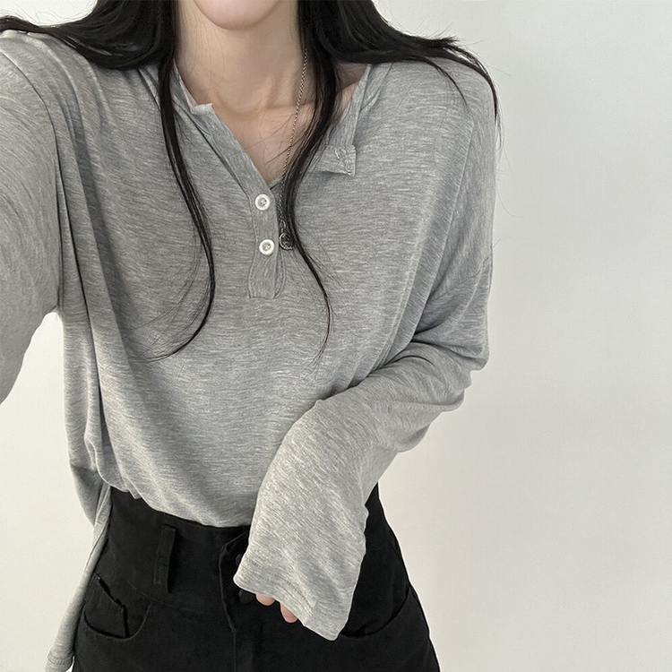 흐르는핏 여리여리 단추 찰랑 긴팔티셔츠 그레이