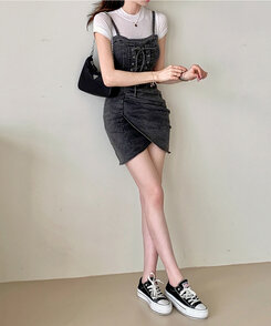 ミニワンピース コルセットシャーリングスリットデニムミニワンピース BLACK