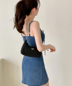ミニワンピース コルセットシャーリングスリットデニムミニワンピース BLUE