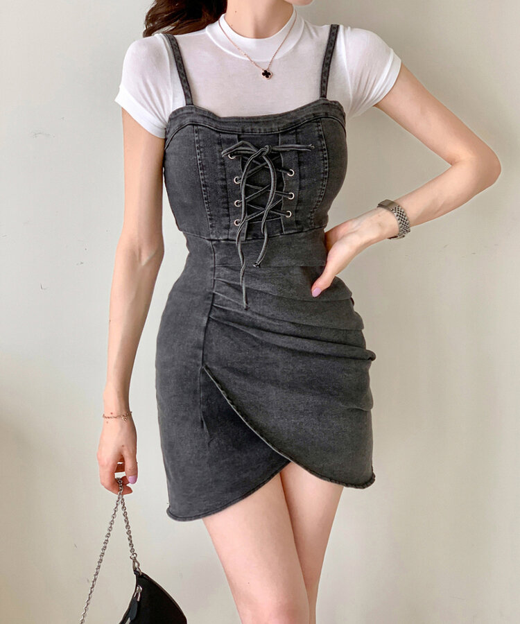 コルセットシャーリングスリットデニムミニワンピース BLACK