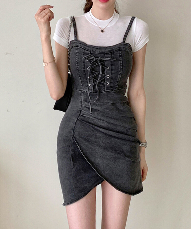 コルセットシャーリングスリットデニムミニワンピース BLACK