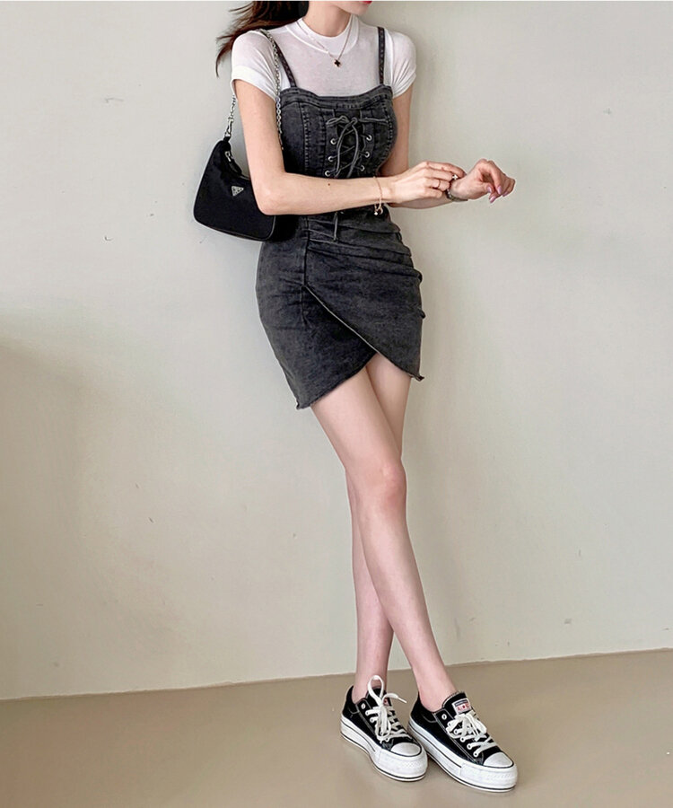 コルセットシャーリングスリットデニムミニワンピース BLACK