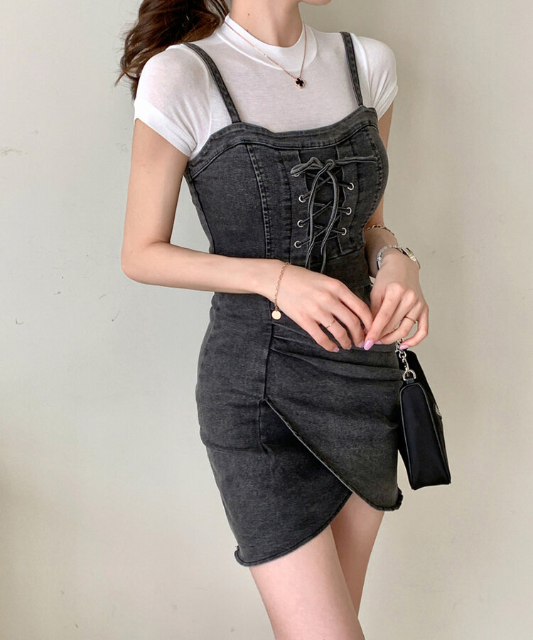 コルセットシャーリングスリットデニムミニワンピース BLACK