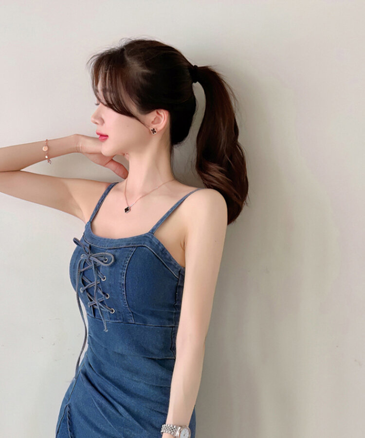 コルセットシャーリングスリットデニムミニワンピース BLUE