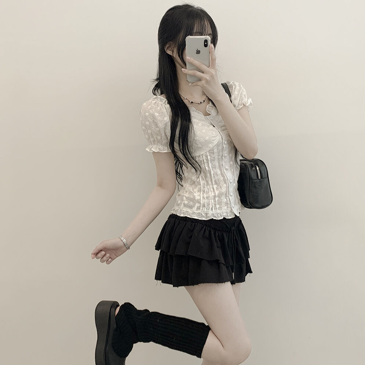 ビンテージシャーリングレース半袖ブラウス WHITE