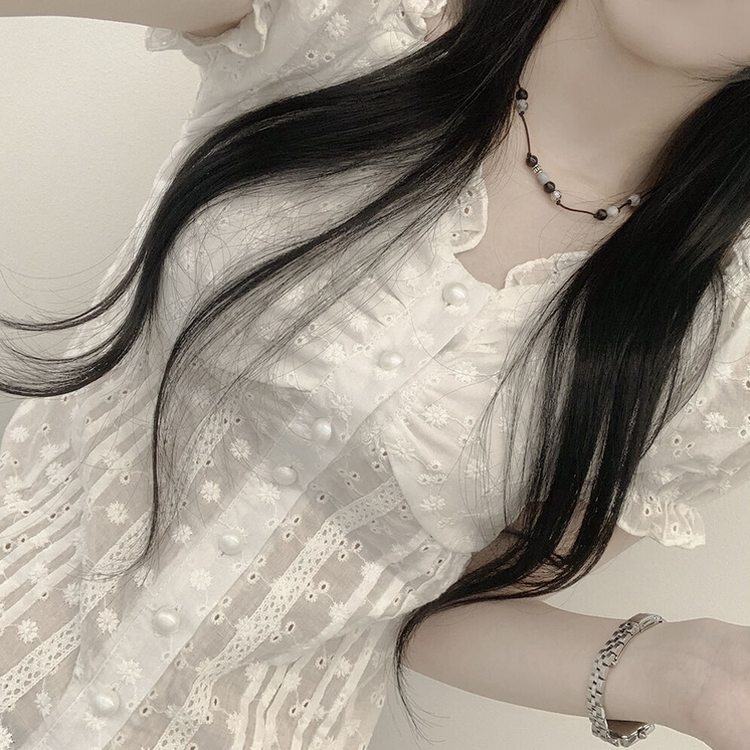 ビンテージシャーリングレース半袖ブラウス WHITE