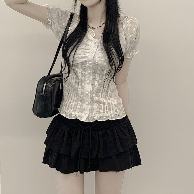 ビンテージシャーリングレース半袖ブラウス WHITE