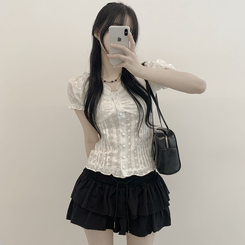 [러블리빈티지힙] 펀칭 레이스 오프숄더 반팔 셔링 퍼프소매 크롭 블라우스 화이트 블랙 화이트
