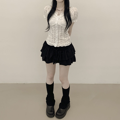 [러블리빈티지힙] 펀칭 레이스 오프숄더 반팔 셔링 퍼프소매 크롭 블라우스 화이트 블랙 화이트