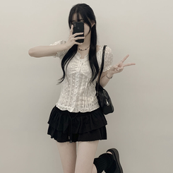 [러블리빈티지힙] 펀칭 레이스 오프숄더 반팔 셔링 퍼프소매 크롭 블라우스 화이트 블랙 화이트