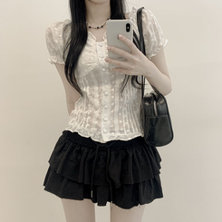 [러블리빈티지힙] 펀칭 레이스 오프숄더 반팔 셔링 퍼프소매 크롭 블라우스 화이트 블랙 화이트