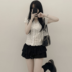 [러블리빈티지힙] 펀칭 레이스 오프숄더 반팔 셔링 퍼프소매 크롭 블라우스 화이트 블랙 화이트
