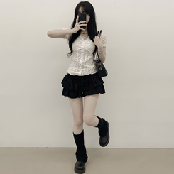 [러블리빈티지힙] 펀칭 레이스 오프숄더 반팔 셔링 퍼프소매 크롭 블라우스 화이트 블랙 화이트
