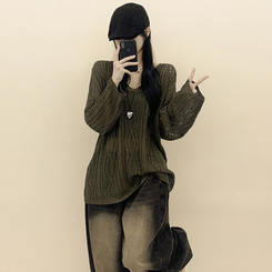 ビンテージシースルーVネックニット KHAKI