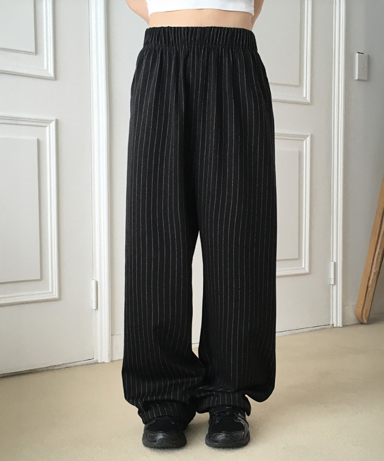 ストライプバンディングロングワイドパンツ BLACK