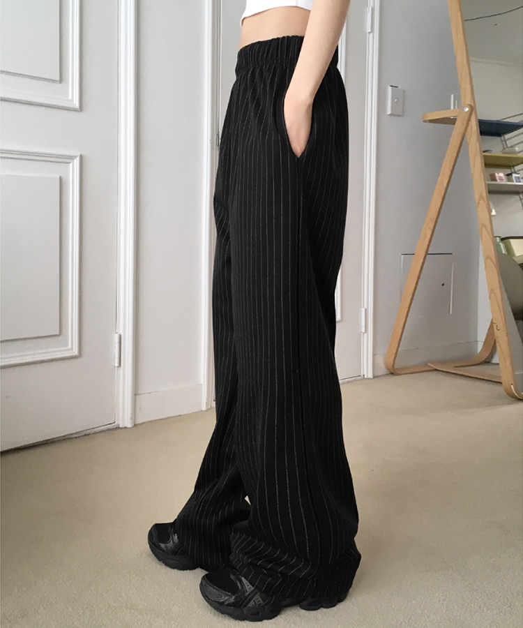 ストライプバンディングロングワイドパンツ BLACK