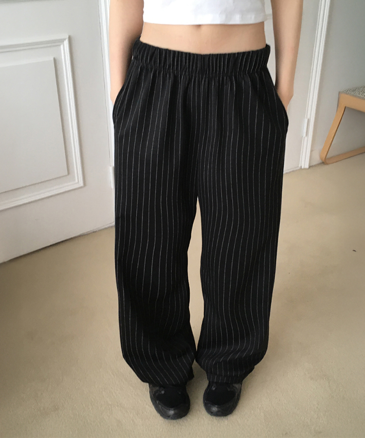 ストライプバンディングロングワイドパンツ BLACK