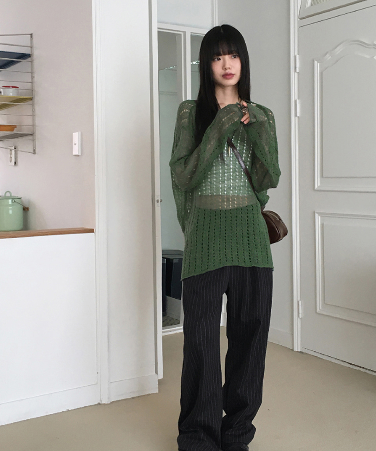 ストライプバンディングロングワイドパンツ BLACK