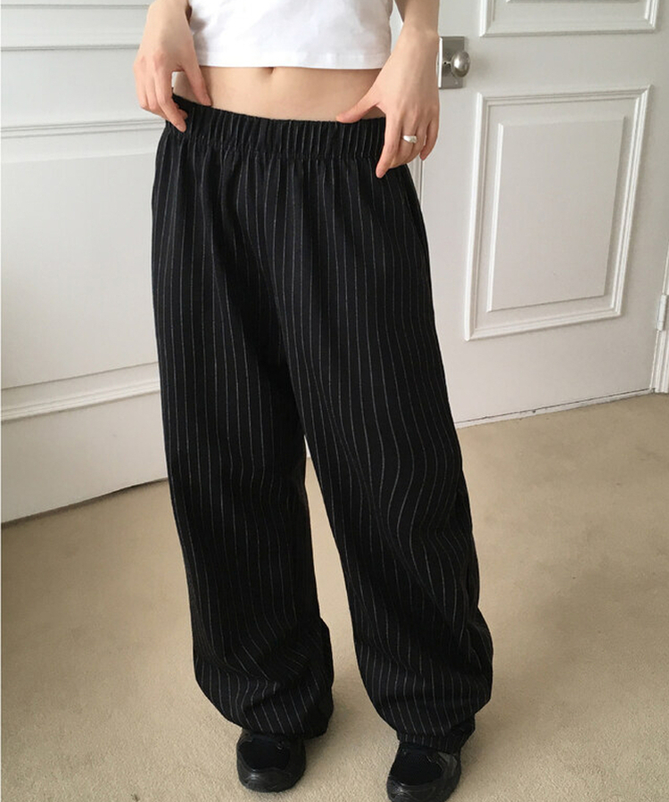 ストライプバンディングロングワイドパンツ BLACK
