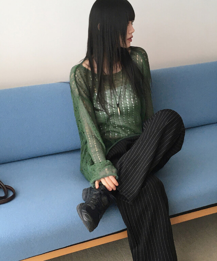 ストライプバンディングロングワイドパンツ BLACK