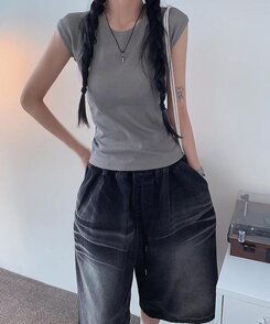 ショートパンツ ウォッシングデニムワイドバミューダパンツ BLACK