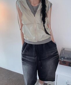 ショートパンツ ウォッシングデニムワイドバミューダパンツ BLACK